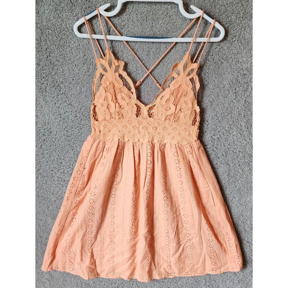 Chrysanthemum Womens Sleeveless Lace V Neck Mini Dress Eyelets Peach/Orange Sz M